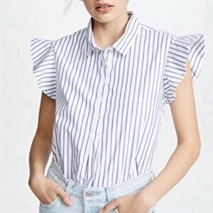 FRAME Popover Blouse White/Blue Striped Cotton Size Large Flounce Sleeve Top